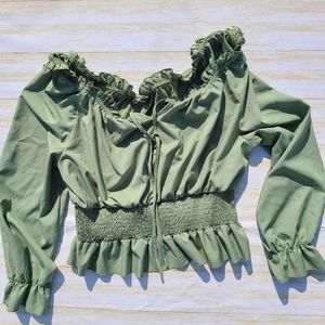 Shein Curve 2XL Olive green Bardot Frill Trim Flounce Sleeve Crop Top